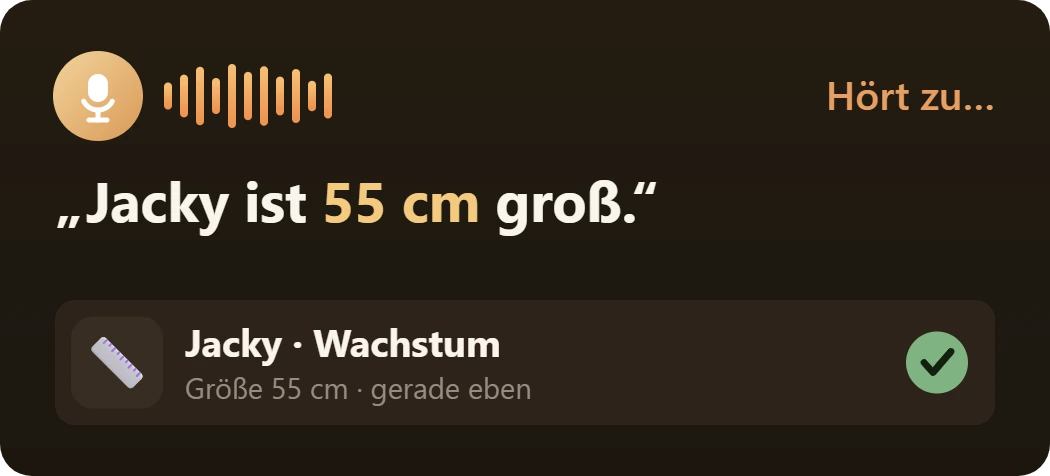 Sprachnotiz erfasst als Größenmessung von 55 cm für Jacky