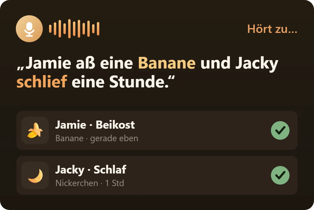 Sprachnotiz erfasst als Bananen-Snack für Jamie und einstündiges Nickerchen für Jacky