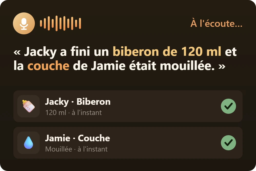 Note vocale enregistrée comme un biberon de 120 ml pour Jacky et une couche mouillée pour Jamie