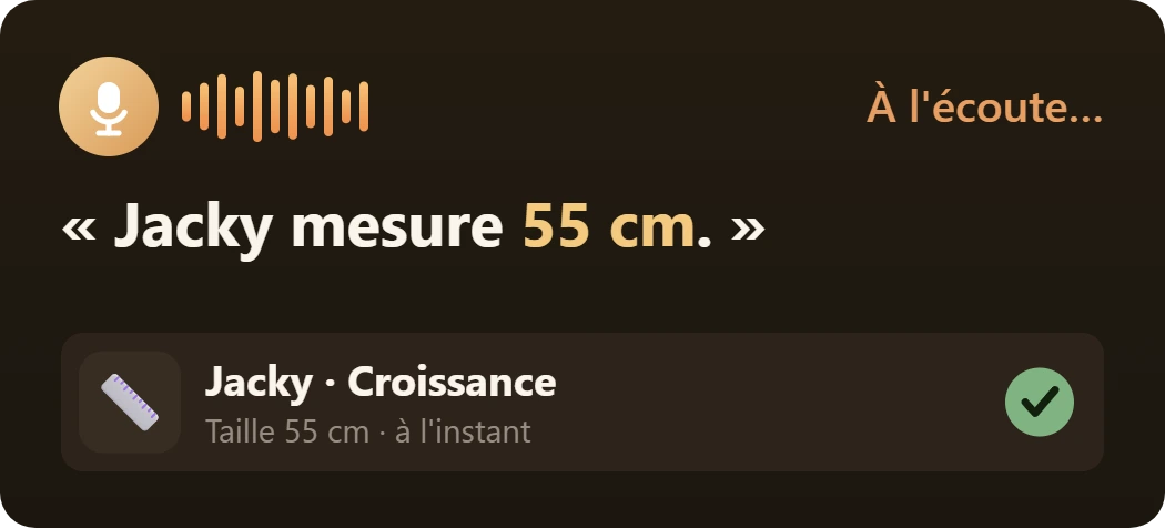Note vocale enregistrée comme une mesure de taille de 21,7 pouces pour Jacky