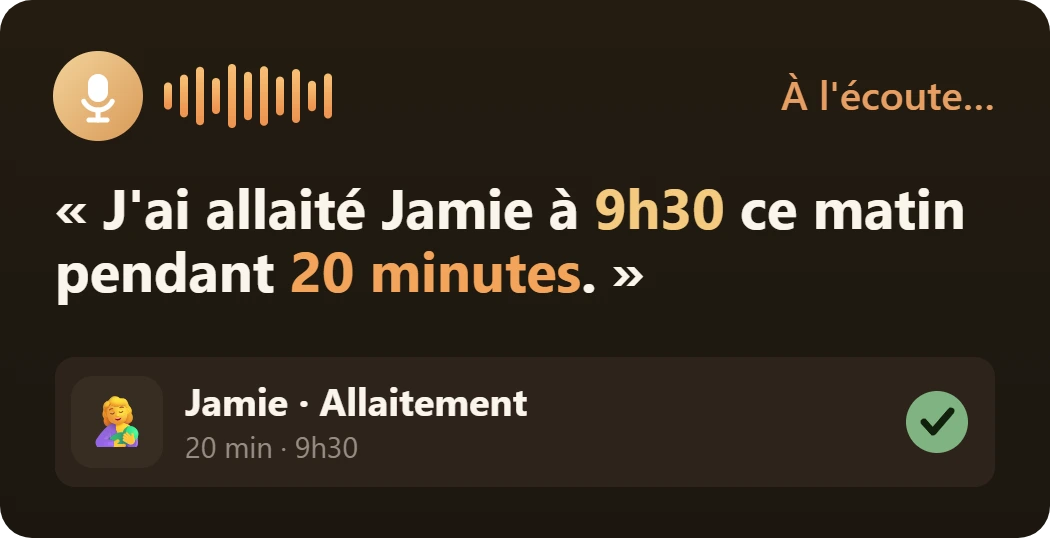 Note vocale enregistrée comme une tétée de 20 minutes pour Jamie à 9 h 30