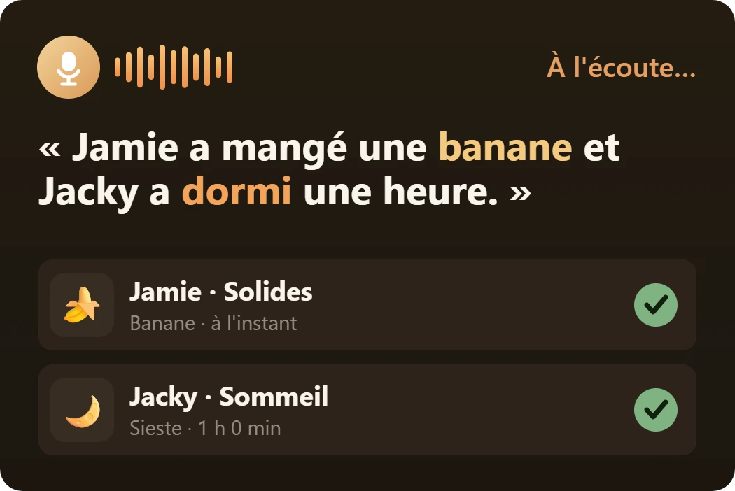 Note vocale enregistrée comme une collation de banane pour Jamie et une sieste d'une heure pour Jacky