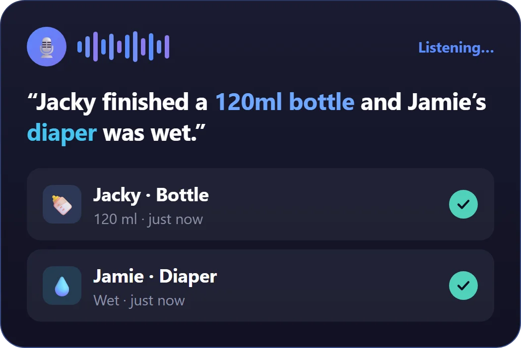 Voice note logged as a 120 ml bottle for Jacky and a wet diaper for Jamie
