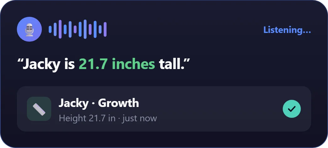 Voice note logged as a height measurement of 21.7 inches for Jacky
