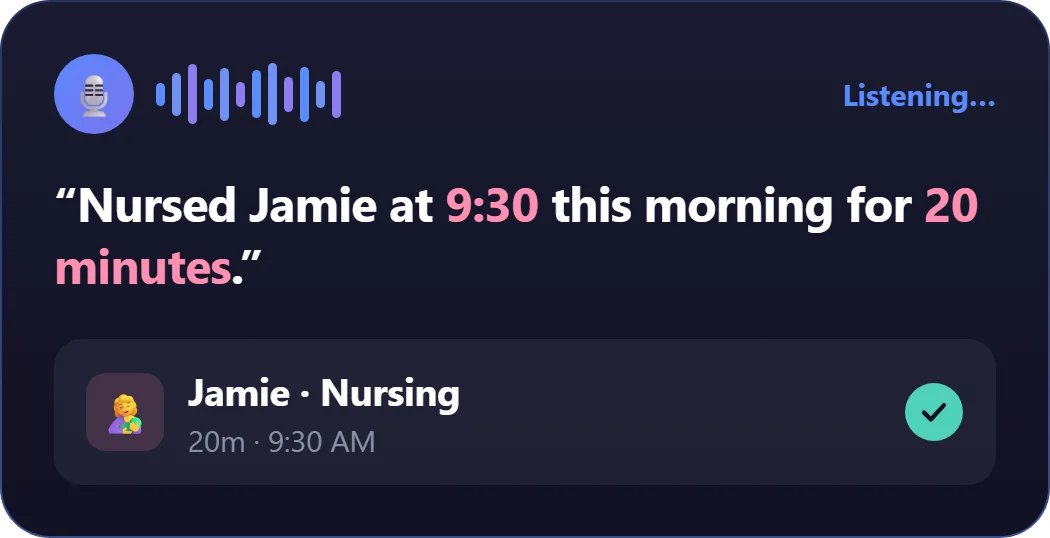 Voice note logged as a 20 minute nursing session for Jamie at 9:30 AM
