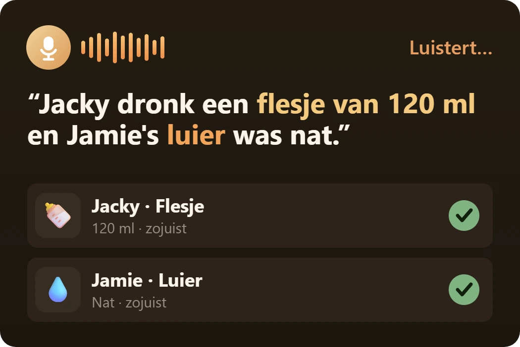 Voice note logged as a 120 ml bottle for Jacky and a wet diaper for Jamie