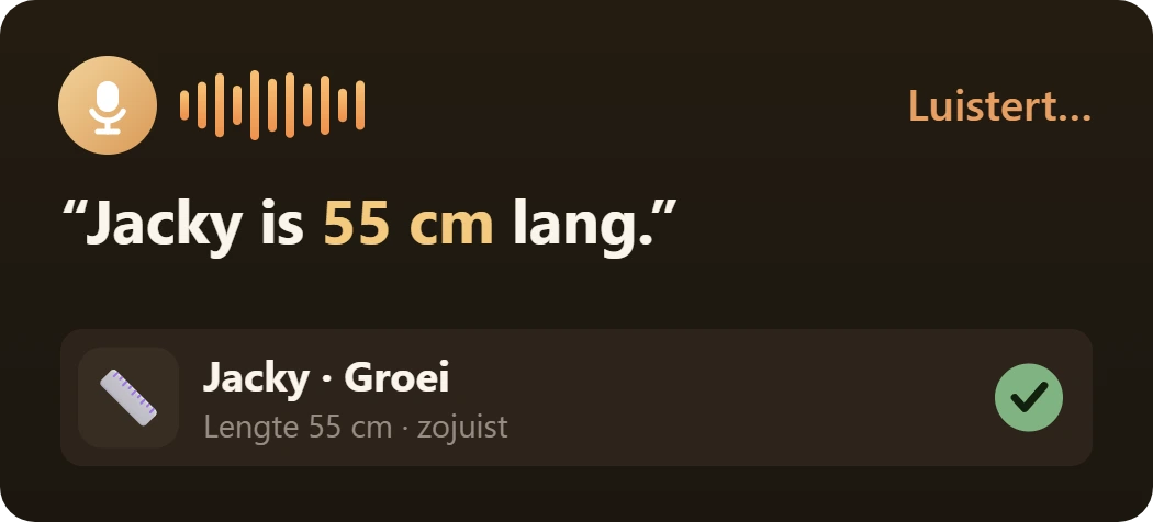 Voice note logged as a height measurement of 21.7 inches for Jacky