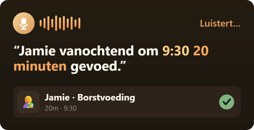 Voice note logged as a 20 minute nursing session for Jamie at 9:30 AM