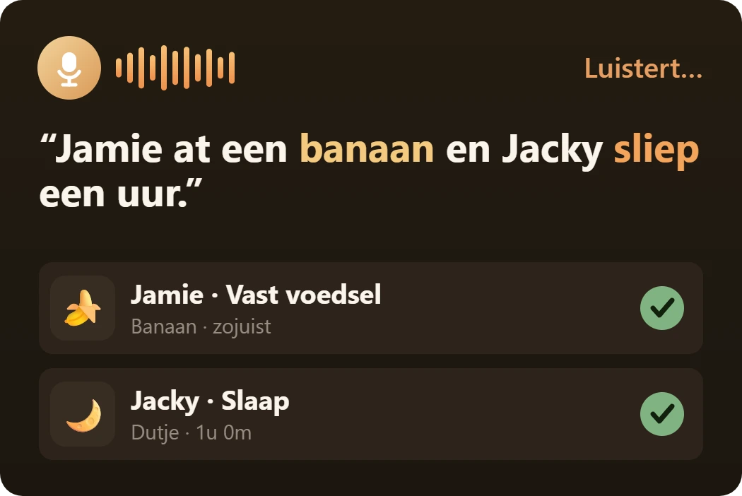 Voice note logged as a banana snack for Jamie and a one hour nap for Jacky